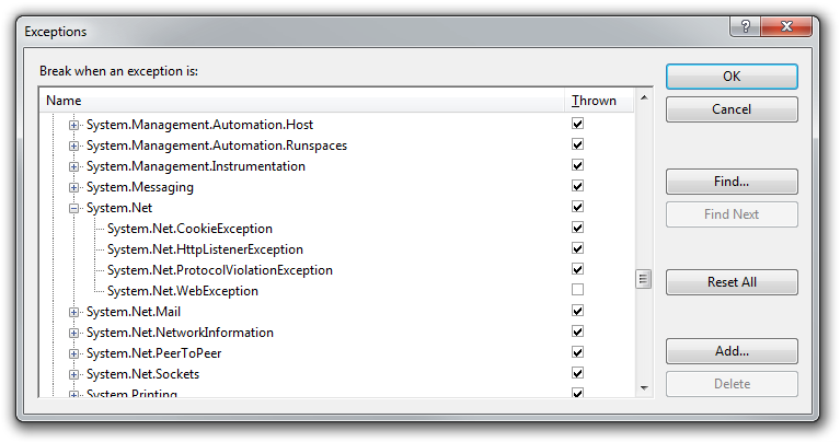 Visual Studio Exceptions dialog