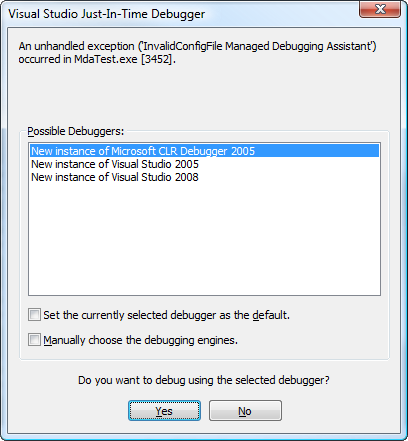 An unhandled exception ('InvalidConfigFile Managed Debugging Assistant')
occurred